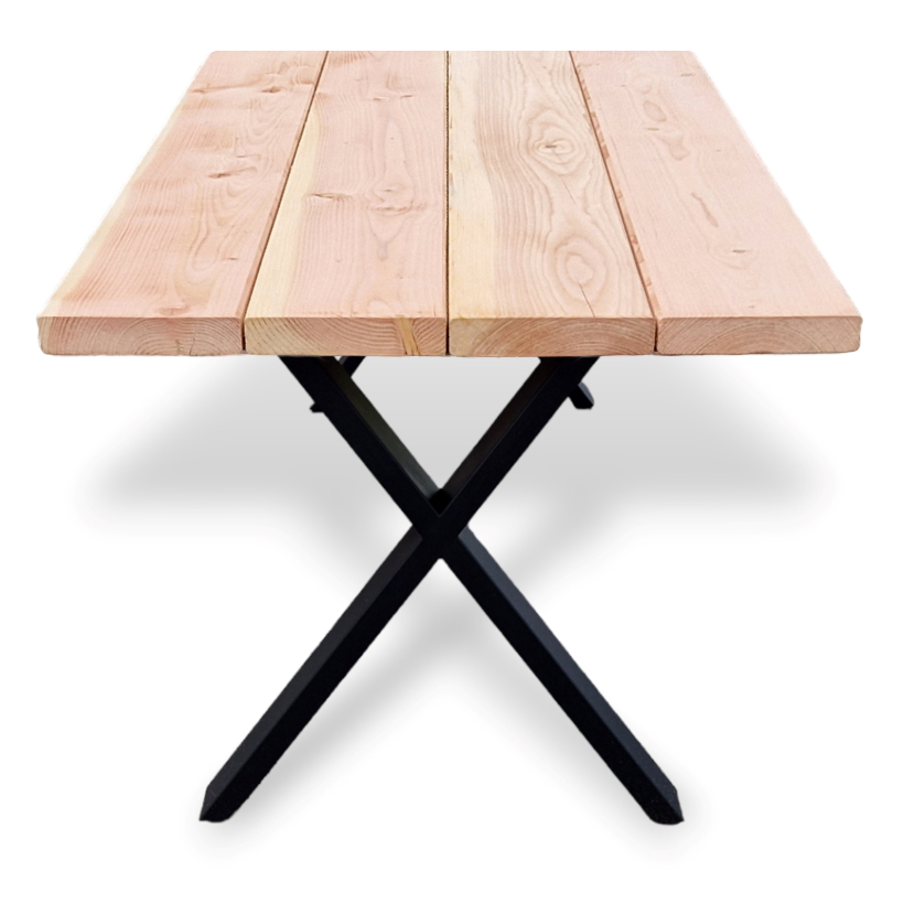 Kompakter Gartentisch aus Douglasie mit X-Stahlgestell in 120–160 cm Länge