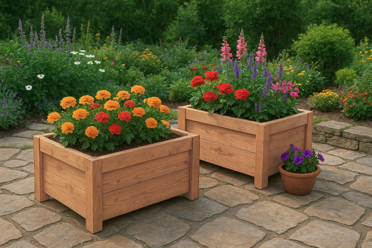 Pflanzkästen aus Douglasie im Garten mit bunten Blumen