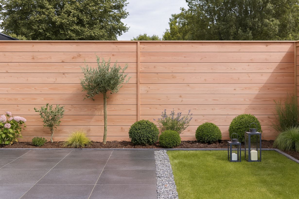 Moderner Sichtschutzzaun aus Douglasie im Garten