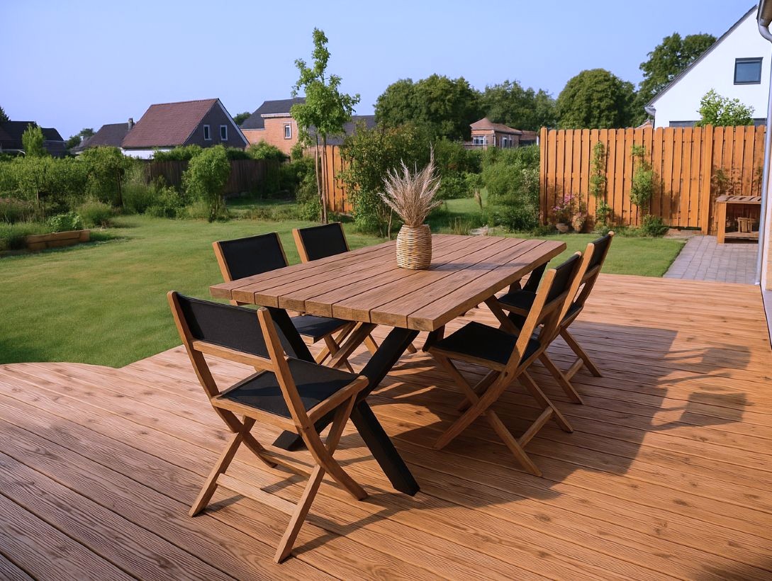 Terrasse mit Douglasie-Dielen und passendem Gartentisch aus Douglasienholz