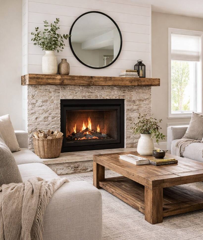 Modernes Wohnzimmer mit Kamin und Kaminsims aus Altholzbalken – stilvolle Kombination aus Alt und Neu