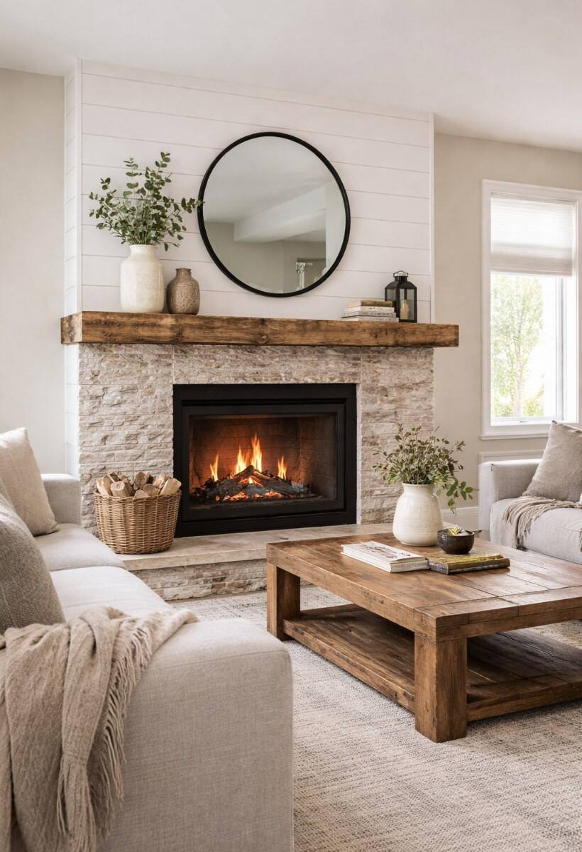 Modernes Wohnzimmer mit Kamin und Kaminsims aus Altholzbalken – stilvolle Kombination aus Alt und Neu