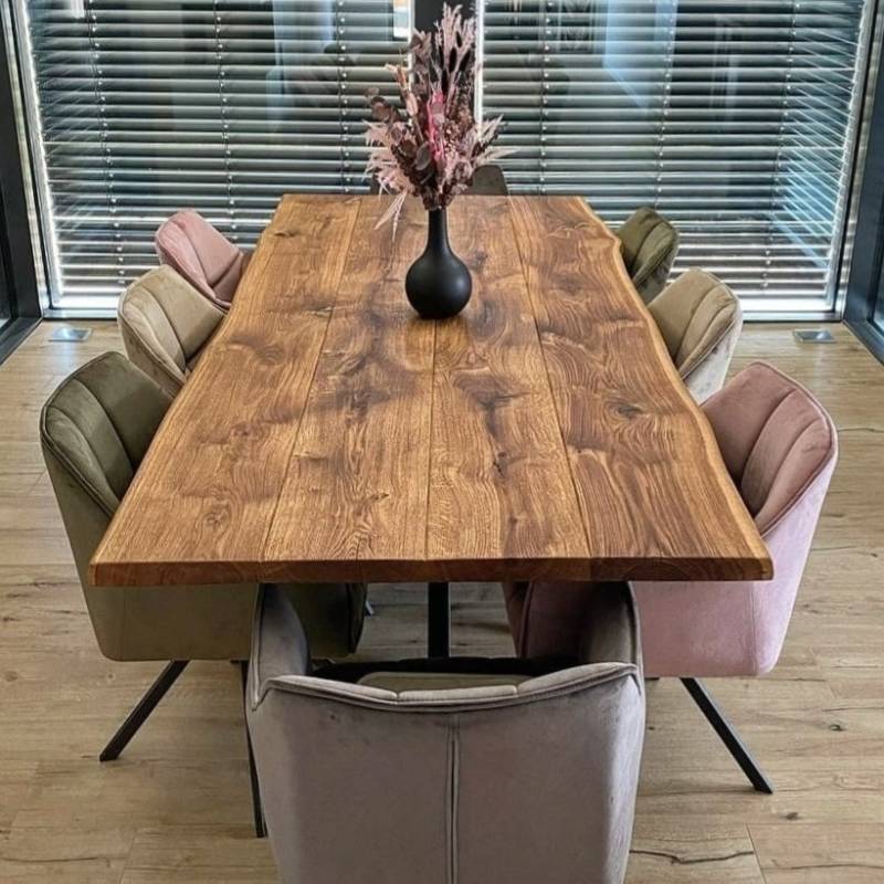 4260747166568 - Massivholztisch Kiel | 180 cm - 240 cm | 45 mm vollmassiv Tischplatte aus Eiche | Baumkante | Oberfläche gebürstet | Mit Fase | Fertig geölt