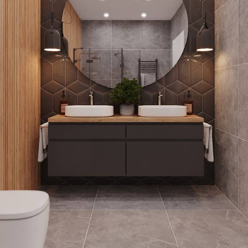 4260747167091 - Waschbeckenunterschrank Milano | 158 x 50 x 59 cm | Schwarz   Eiche | 40 mm massiv | Gerade Kante | Oberfläche geschliffen | Matt lackiert