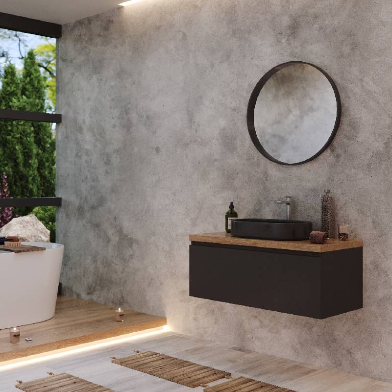 4260747167107 - Waschbeckenunterschrank Milano | 98 x 55 x 42 cm | Schwarz   Eiche | 40 mm massiv | Gerade Kante | Oberfläche geschliffen | Matt lackiert
