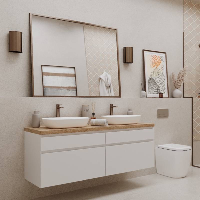 4260747167114 - Waschbeckenunterschrank Milano | 158 x 50 x 59 cm | Weiß   Eiche | 40 mm massiv | Gerade Kante | Oberfläche geschliffen | Matt lackiert