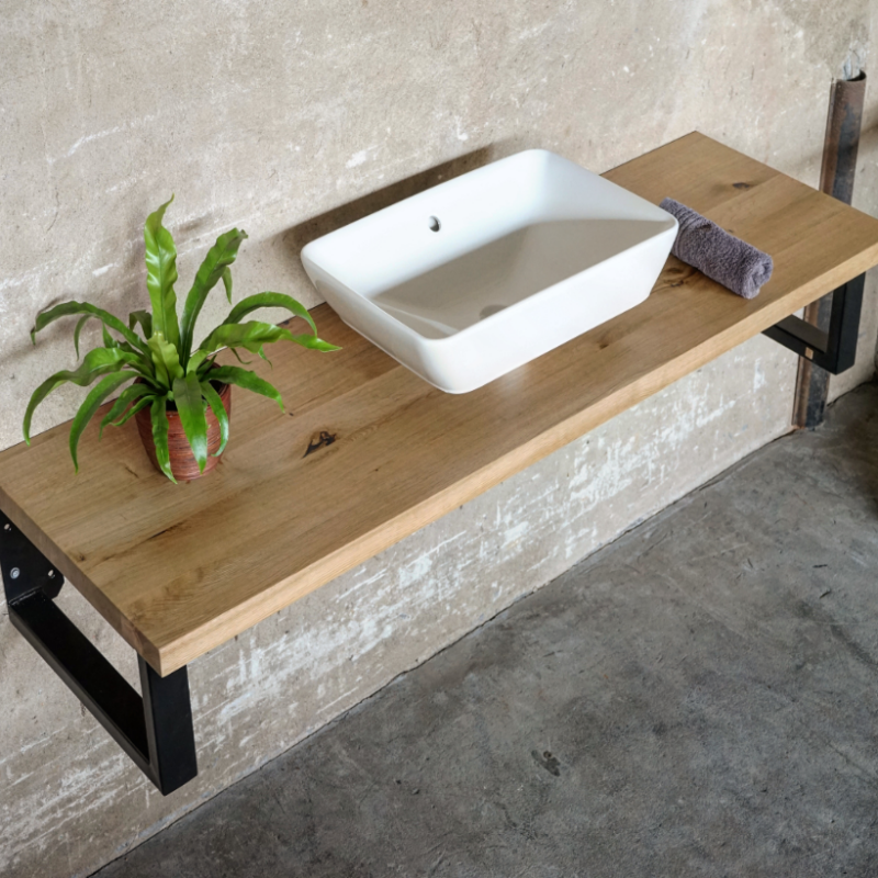 4260747167633 - Waschtisch- Ablageplatte Eiche 40 mm massiv gerade Kante schwarz gespachtelt lackiert 220x50 cm