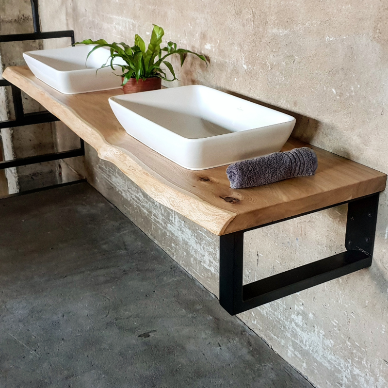 4260747167831 - Waschtisch-  Ablageplatte Eiche 40 mm massiv Baumkante schwarz gespachtelt lackiert 180x50 cm