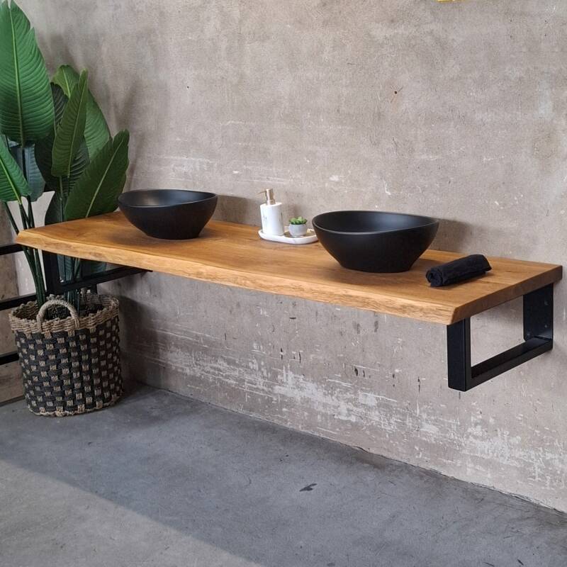 4262459612180 - Waschtisch-  Ablageplatte Eiche 40 mm massiv Baumkante gespachtelt geölt 120x50 cm